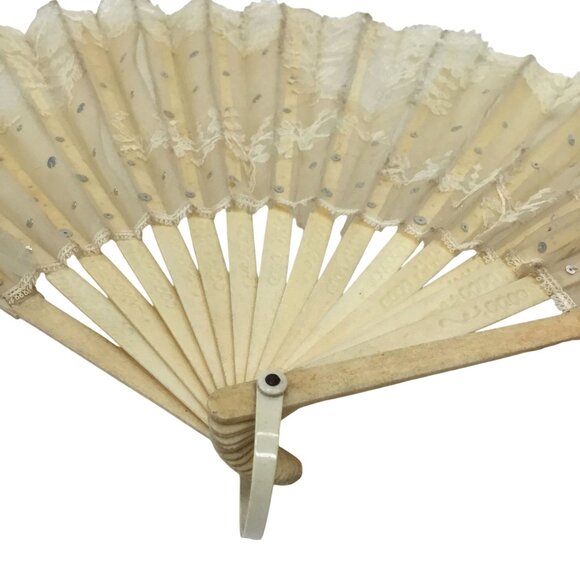 ANTIQUE Women Lace Folding Fan Sequins Embroidered Tulle Wooden Frame Repairable - Picture 4 of 11